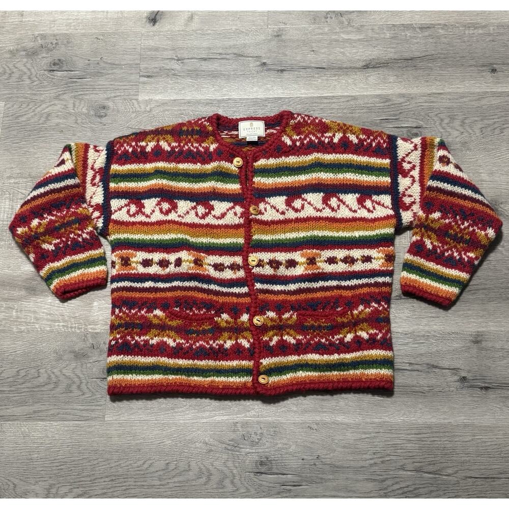 Vintage Express Tricot M/L Hand Knit Wool Cardigan Sweater Geometric Tribal EUC